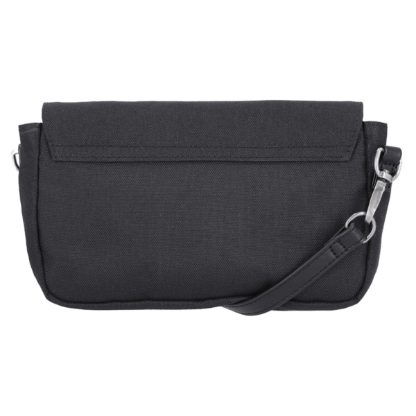 Mhw16508b | Harley-davidson® Online Small black crossbody bag with a top flap and adjustable shoulder strap, made of canvas fabric