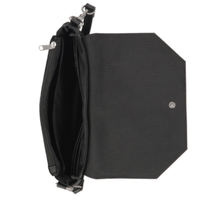 Black messenger bag with multiple interior pockets and a detachable strap for organized carrying.
