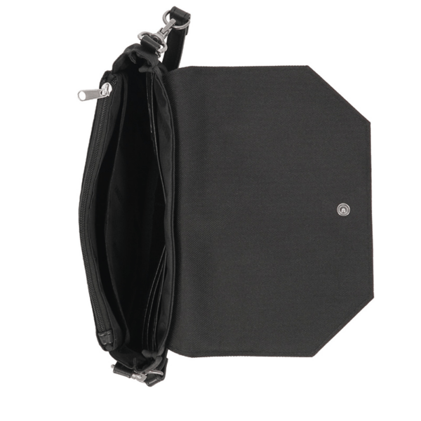 Mhw16508c | Harley-davidson® Online Black messenger bag with multiple interior pockets and a detachable strap for organized carrying.