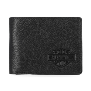 Black leather Harley-Davidson wallet with embossed shield logo on the front.