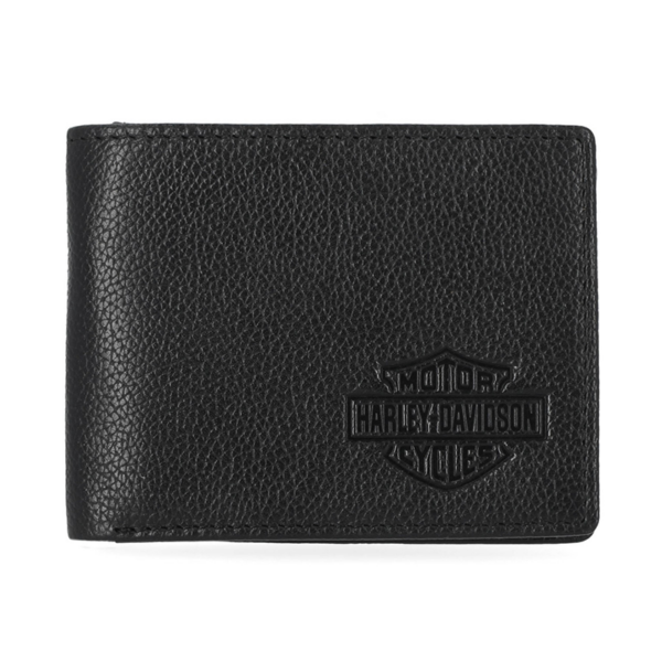 Black leather Harley-Davidson wallet with embossed shield logo on the front.