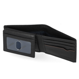 Black leather wallet open to reveal a clear ID window on the left and several card slots on the right