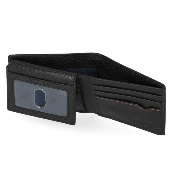 Black leather wallet open to reveal a clear ID window on the left and several card slots on the right