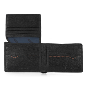 Black textured leather Harley‑Davidson wallet open to reveal card slots on both sides and a blue interior pocket.