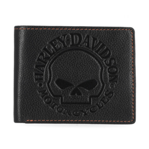 Black leather wallet with an embossed Harley‑Davidson skull logo and orange topstitching along the edge.