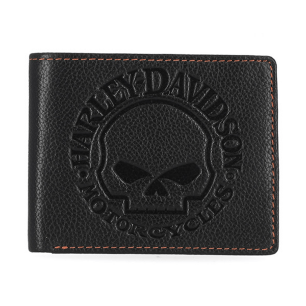 Mwm00508 | Harley-davidson® Online Black leather wallet with an embossed Harley‑Davidson skull logo and orange topstitching along the edge.