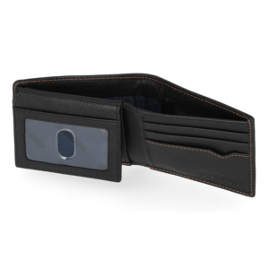 Black leather bifold wallet with orange stitching, open to reveal card slots and a clear ID window pocketed on the left side.