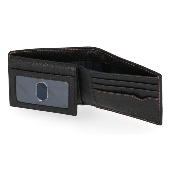 Mwm00508b | Harley-davidson® Online Black leather bifold wallet with orange stitching, open to reveal card slots and a clear ID window pocketed on the left side.