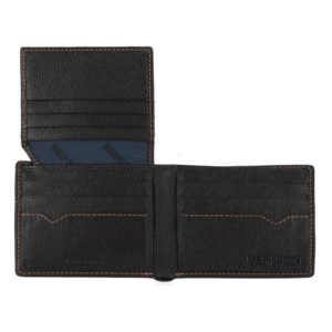 Black leather Harley-Davidson wallet opened to reveal card slots and orange stitching detail.