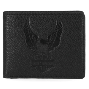 Black leather bifold wallet with an embossed eagle emblem and Harley‑Davidson shield logo on the front.