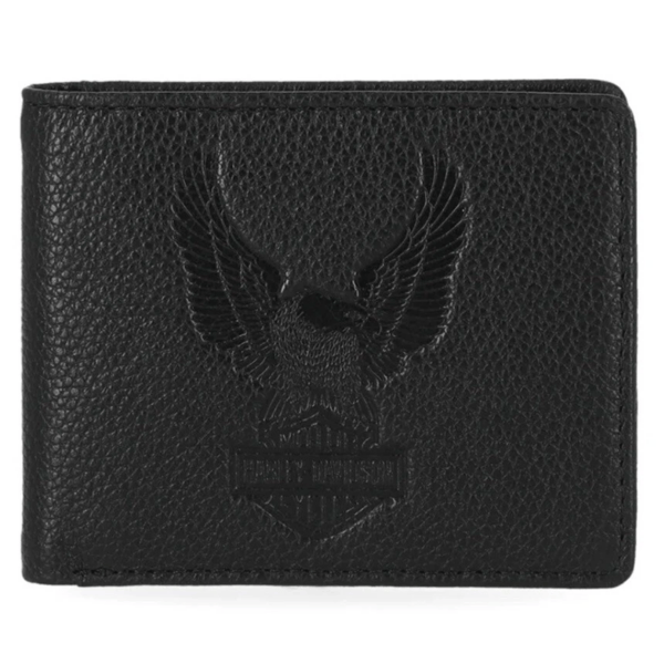 Mwm03308 | Harley-davidson® Online Black leather bifold wallet with an embossed eagle emblem and Harley‑Davidson shield logo on the front.