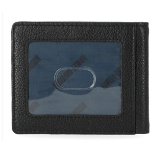 Black leather wallet with a clear ID window on the front.
