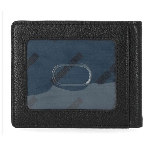 Mwm03308b | Harley-davidson® Online Black leather wallet with a clear ID window on the front.