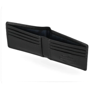 Open black leather bi-fold wallet showing multiple card slots and a space for bills