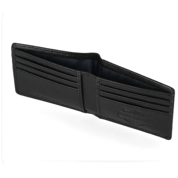 Mwm03308c | Harley-davidson® Online Open black leather bi-fold wallet showing multiple card slots and a space for bills