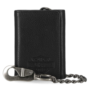 Black textured leather Harley‑Davidson wallet with a silver metal chain and clip, embossed logo on front.