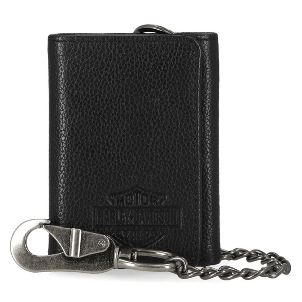 Mwm03808 | Harley-davidson® Online Black textured leather Harley‑Davidson wallet with a silver metal chain and clip, embossed logo on front.