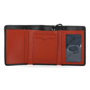 Open bifold wallet with black exterior and red interior, showing card slots and a clear ID window on the right.