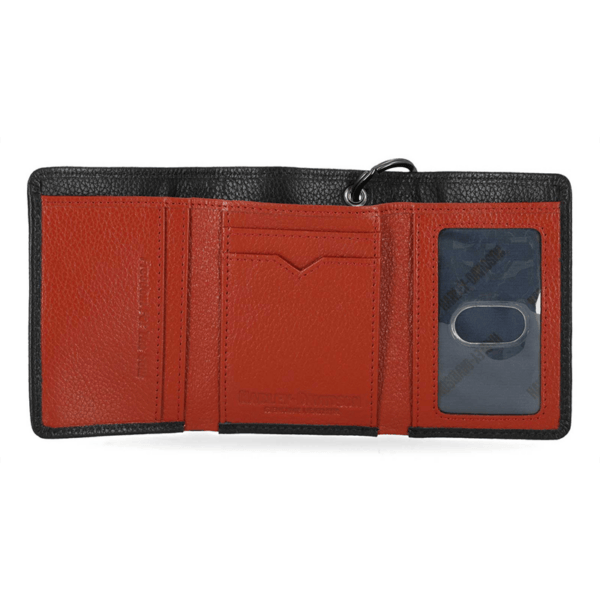 Mwm03808b | Harley-davidson® Online Open bifold wallet with black exterior and red interior, showing card slots and a clear ID window on the right.