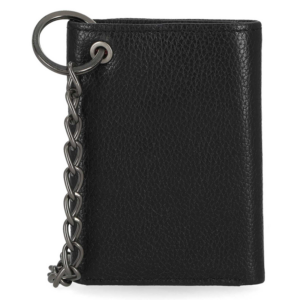 Black leather wallet with a metal chain and ring attached on the top-left corner, showing a rugged, minimalist keychain wallet design.