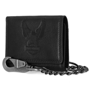 Black leather wallet with a metal chain and clasp, embossed eagle emblem on the front, closed and resting on a white background.
