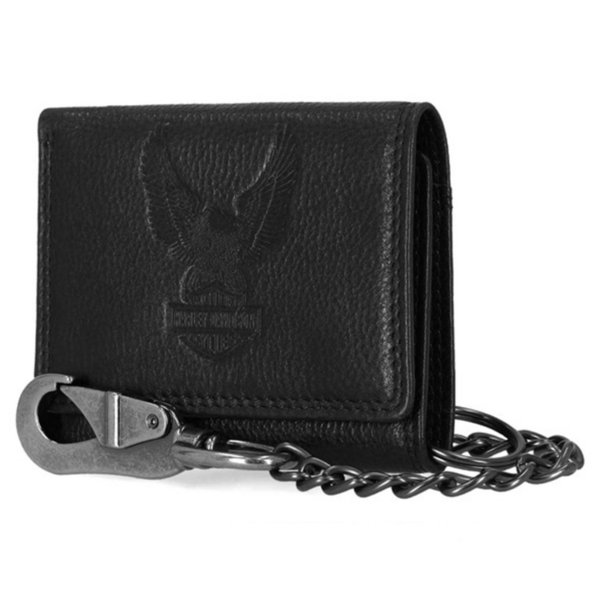 Black leather wallet with a metal chain and clasp, embossed eagle emblem on the front, closed and resting on a white background.