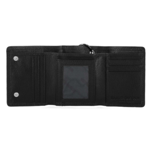 Black leather wallet opened flat, showing card slots on left, a clear ID window in the center, and more card slots on the right.