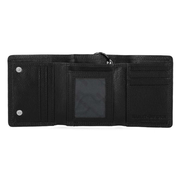Black leather wallet opened flat, showing card slots on left, a clear ID window in the center, and more card slots on the right.