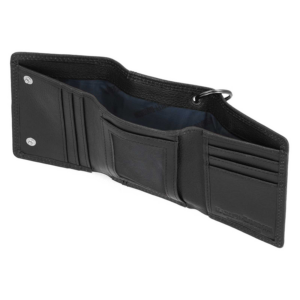 Black leather tri-fold wallet opened to reveal card slots, a clear ID window, and a metal key ring loop inside.