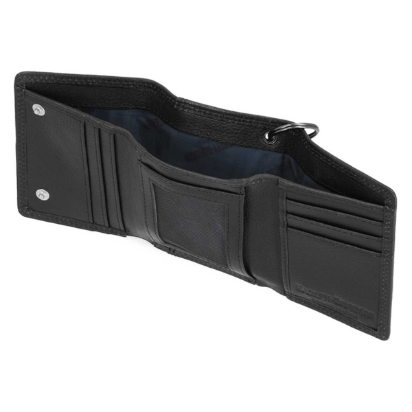 Black leather tri-fold wallet opened to reveal card slots, a clear ID window, and a metal key ring loop inside.