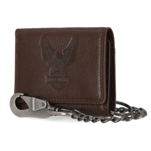 Brown leather wallet with a metal chain and clip attached, embossed eagle design on front