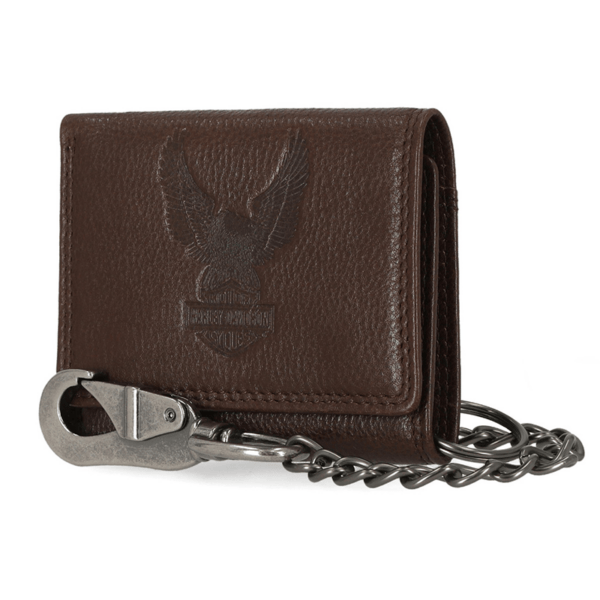 Mwm04034 | Harley-davidson® Online Brown leather wallet with a metal chain and clip attached, embossed eagle design on front