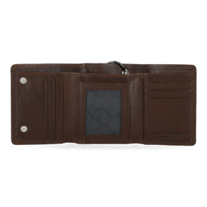 Open brown leather wallet showing multiple card slots and a clear ID window with snap closures on the left