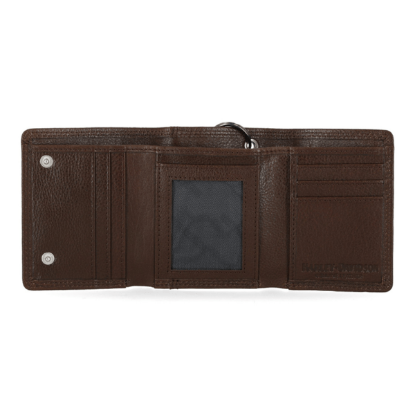 Mwm04034b | Harley-davidson® Online Open brown leather wallet showing multiple card slots and a clear ID window with snap closures on the left