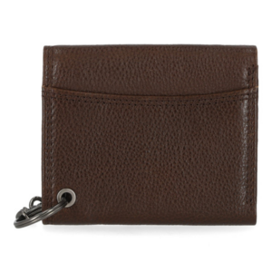 Brown leather wallet with a metal key ring attached to the bottom left corner, shown from the back side