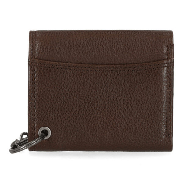 Mwm04034c | Harley-davidson® Online Brown leather wallet with a metal key ring attached to the bottom left corner, shown from the back side