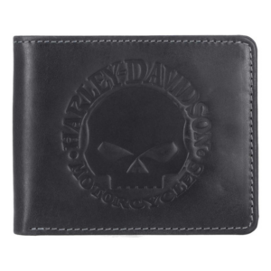 Black leather wallet embossed with the Harley‑Davidson skull logo.