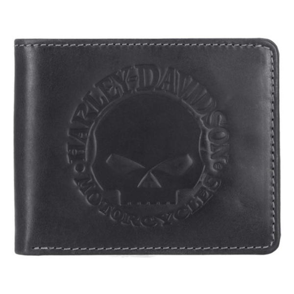 Mwm05508 | Harley-davidson® Online Black leather wallet embossed with the Harley‑Davidson skull logo.