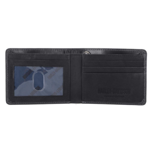Black leather bifold wallet open to reveal an ID window on the left and card slots on the right, with Harley-Davidson branding.