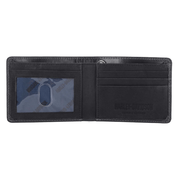 Mwm05508b | Harley-davidson® Online Black leather bifold wallet open to reveal an ID window on the left and card slots on the right, with Harley-Davidson branding.