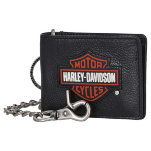 Black leather Harley-Davidson wallet with a metal chain and clasp featuring a red and white logo on the front badge, laid flat.