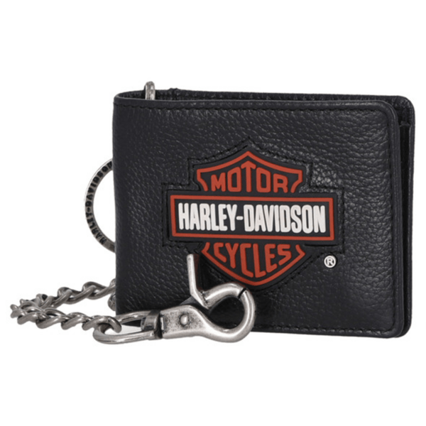 Black leather Harley-Davidson wallet with a metal chain and clasp featuring a red and white logo on the front badge, laid flat.