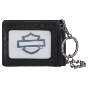 Black leather wallet with a clear ID window displaying a shield icon, attached to a silver chain keyring
