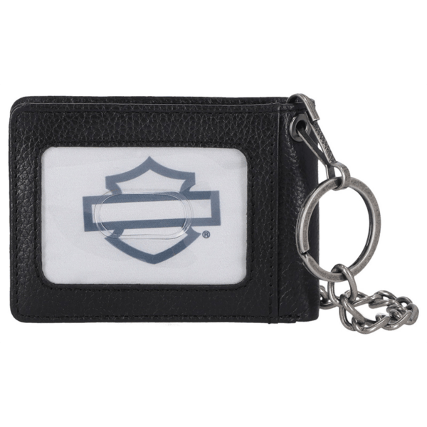 Black leather wallet with a clear ID window displaying a shield icon, attached to a silver chain keyring