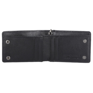 Open black leather wallet with multiple card slots and a ring in the center, showing internal pockets on both sides.