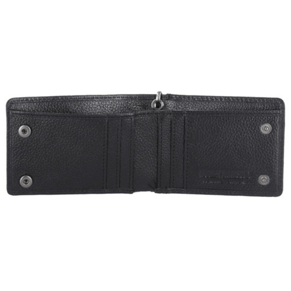 Open black leather wallet with multiple card slots and a ring in the center, showing internal pockets on both sides.