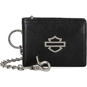 Black textured leather wallet with a silver emblem and a metal chain with a key ring attached.