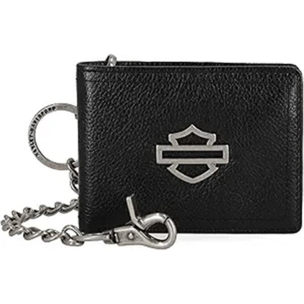 Mwm09908 | Harley-davidson® Online Black textured leather wallet with a silver emblem and a metal chain with a key ring attached.