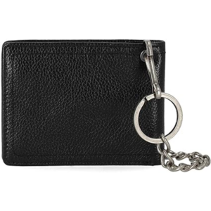 Compact black leather wallet with a metal key ring and chain attached to the side