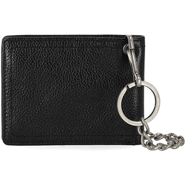 Mwm09908b | Harley-davidson® Online Compact black leather wallet with a metal key ring and chain attached to the side